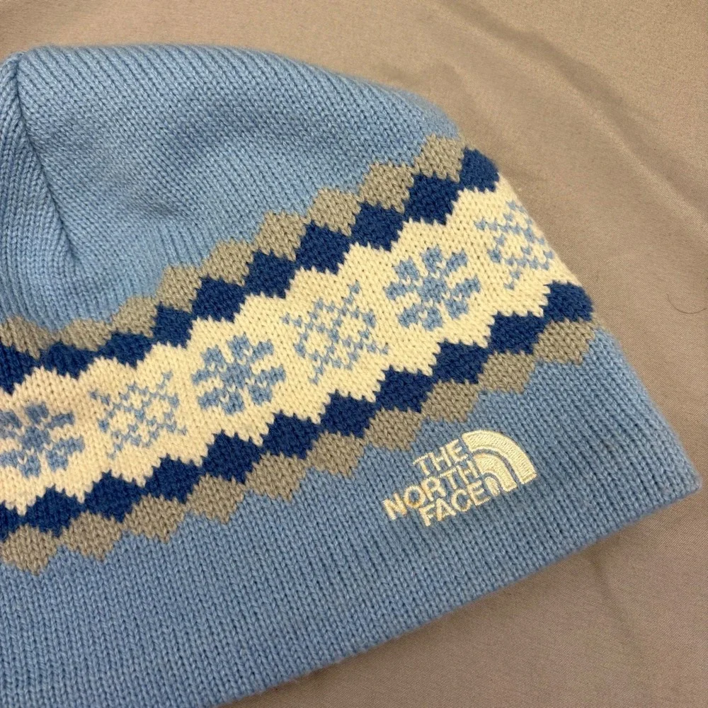 The North Face Kids‎ Blue Fair Isle Snowflake Knit Fleece Lined Beanie Hat OS